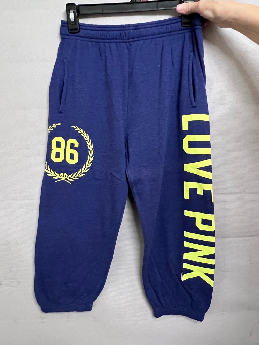 PINK Victoria's Secret Navy Sweatpants with Yellow 'Love PINK' Graphics